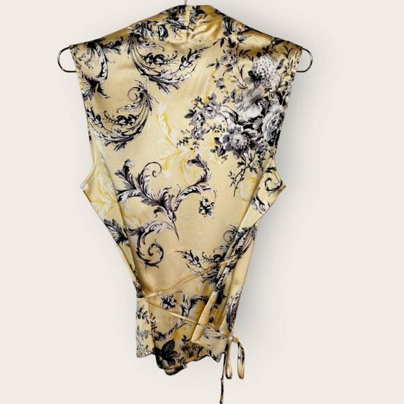 Vintage St John Collection Sleeveless Wrap Top Yellow Black Floral Print Size 10 - Picture 7 of 11